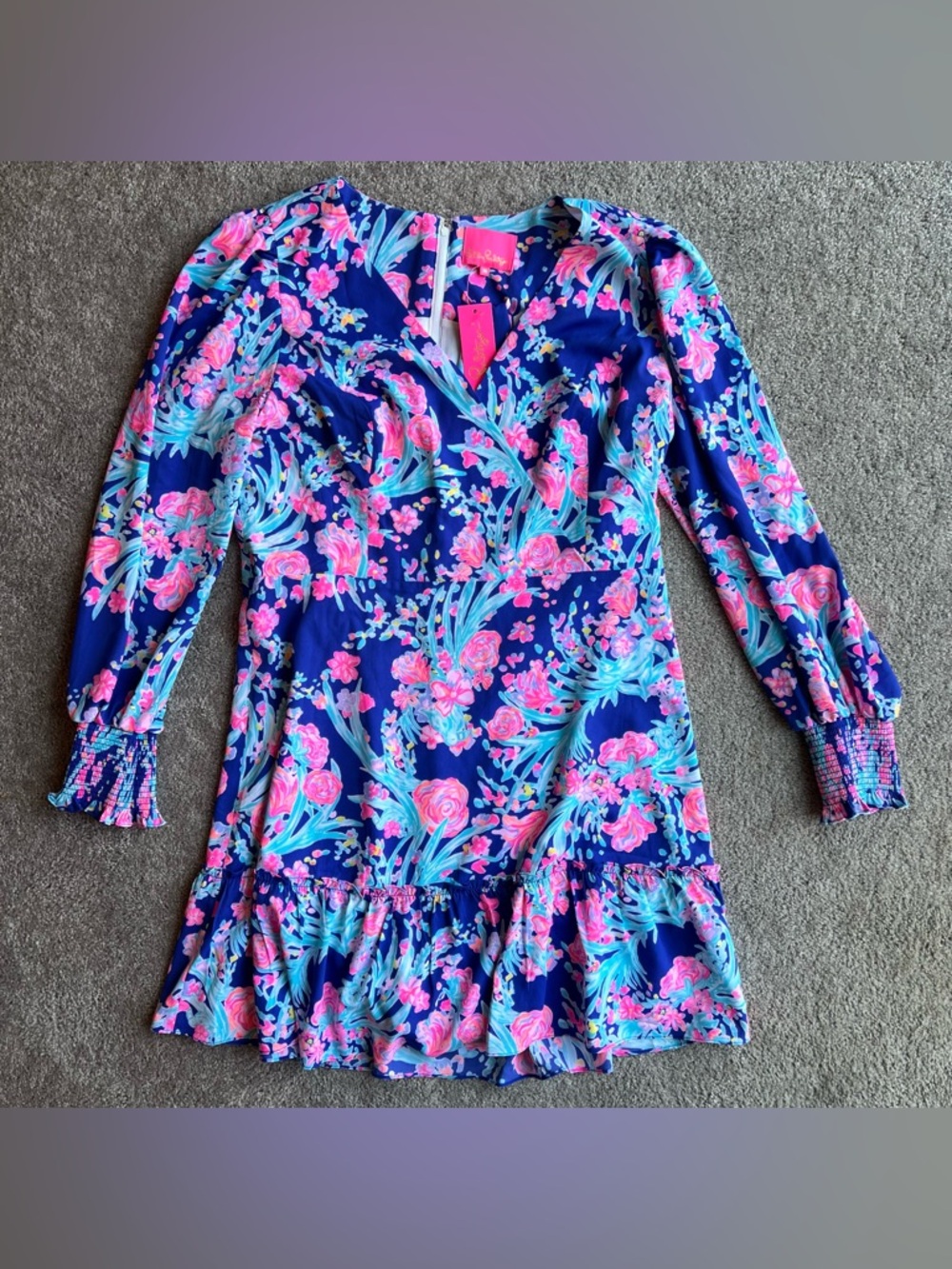Lilly Pulitzer Blue Floral Long Sleeve Mini Dress with Pink & Aqua Accents
